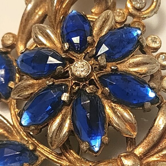 Mid Century 1900s Vintage Costume jewelry Large Pronged Bluestones Brooch Pin - Picture 3 of 4
